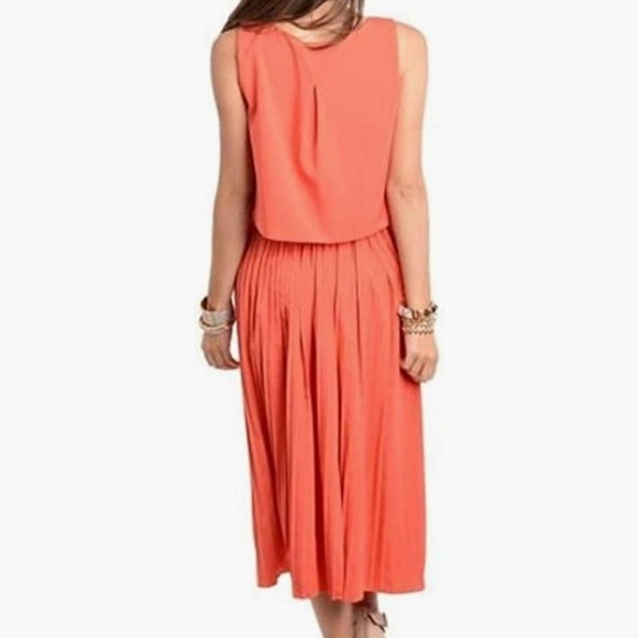 Alythea Coral Pleated Skirt Midi Dress L Sleeveless Cutout Back - Picture 10 of 10